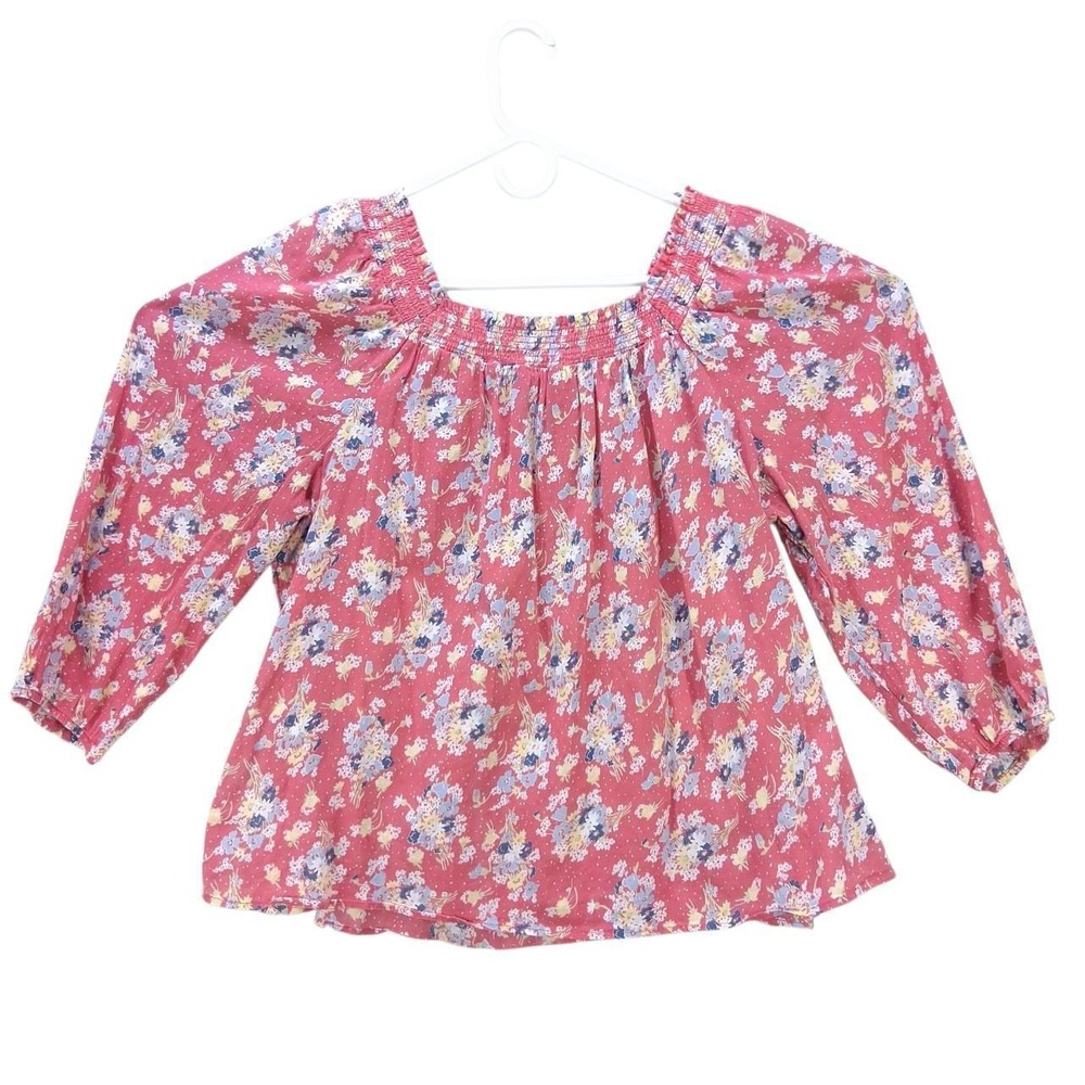 Chaps Women XL Pink Floral Smocked Neck Long Sleeve Cotton Boho Blouse Top